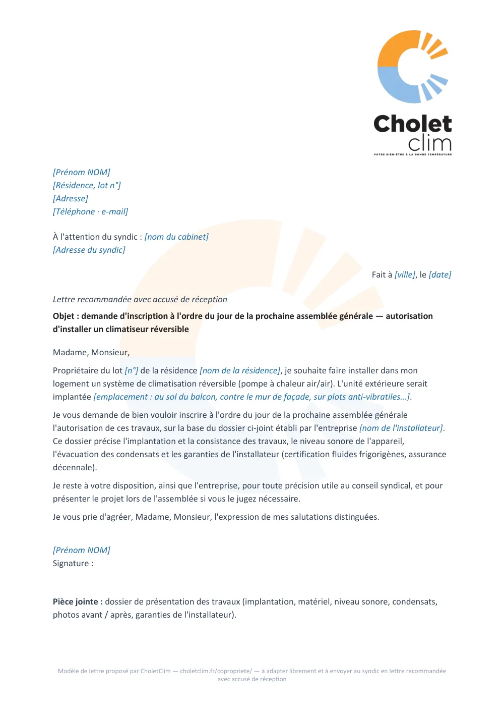 Modèle de lettre au syndic : demande d'inscription à l'ordre du jour de l'assemblée générale pour l'installation d'un climatiseur réversible